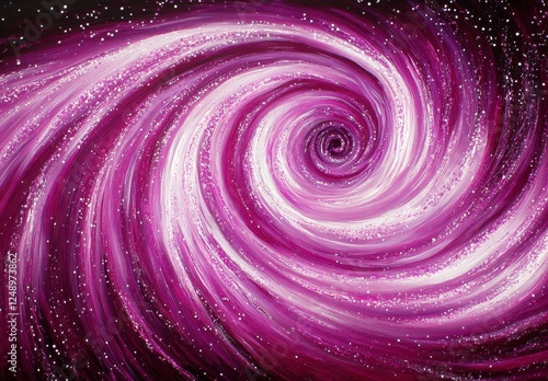 Abstract swirling galaxy, vibrant purple and white colors, textured spiral pattern, starry background, digital art style, cosmic design, swirling