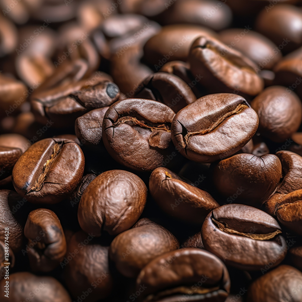 Rich brown coffee beans scattered closely together, showcasing their texture and shine, perfect for coffee lovers and enthusiasts Rich brown coffee beans scattered closely together, showcasing their texture and shine, perfect for coffee lovers and enthusiasts