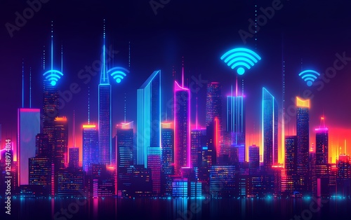 City skyline with wifi symbols and digital network flows  representing the advanced infrastructure of a smart city  glowing lights  modern  sleek design