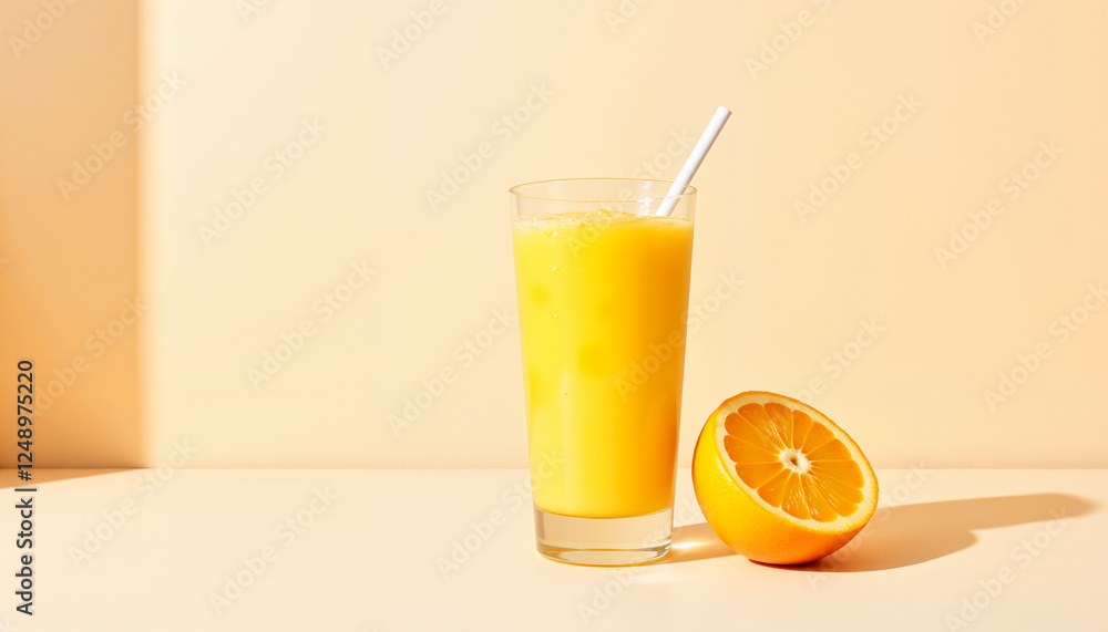 Fresh orange juice with a slice on minimalistic background, summer refreshment Fresh orange juice with a slice on minimalistic background, summer refreshment
