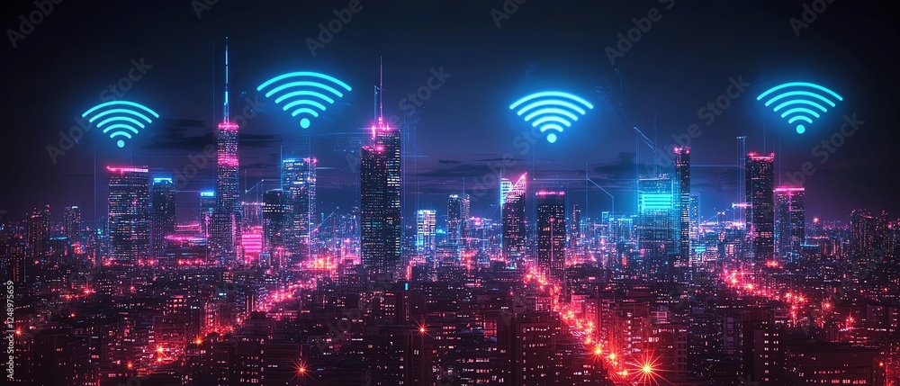 Naklejka premium Futuristic city with a vast digital network and prominent wifi signals, representing seamless smart city connectivity, ultramodern buildings, vibrant neon glow