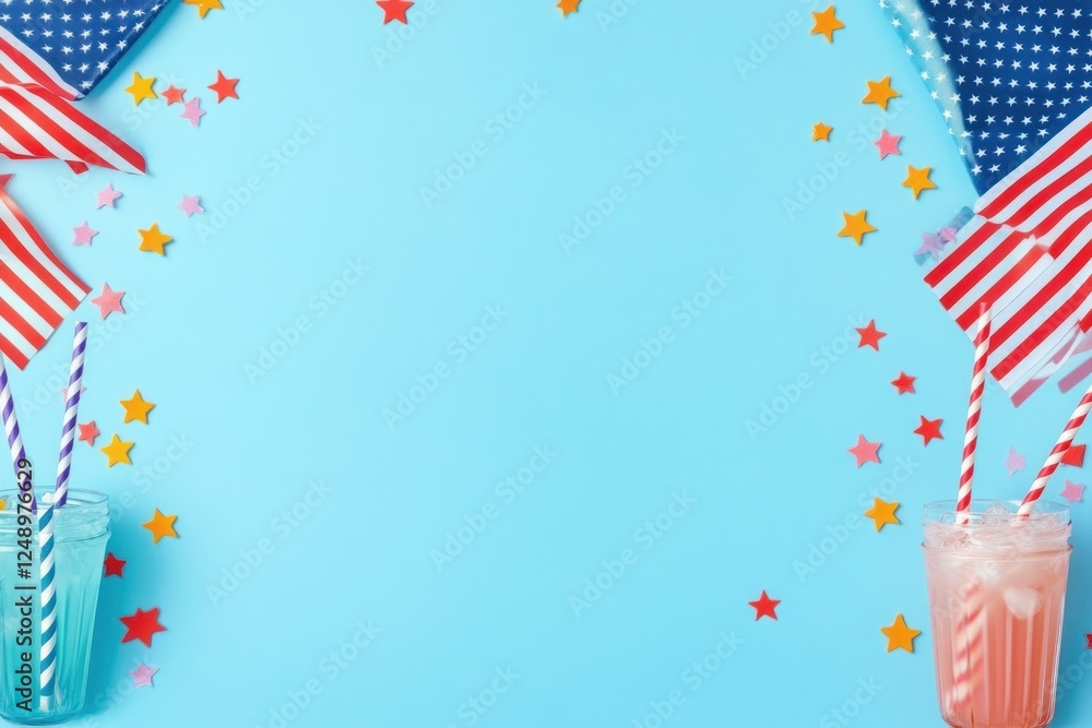 4th of July Independence Day Celebration Flat Lay with American Flags and Star Confetti on Blue Background 4th of July Independence Day Celebration Flat Lay with American Flags and Star Confetti on Blue Background