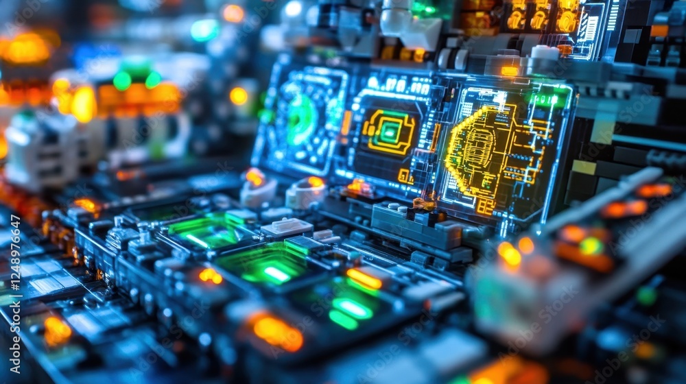 Obraz premium Futuristic quantum computing processing power showing speed and data analysis with holographic displays, circuits, and electronic components illustrating advanced technology