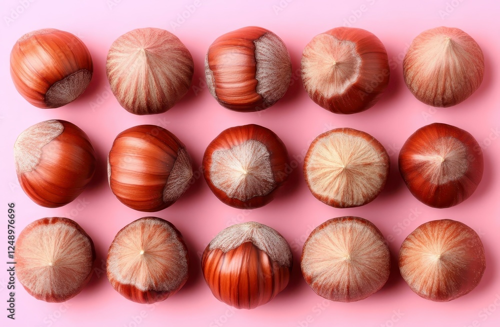 Close up view of nuts arranged in grid pattern on pink background, displaying their brown shells and speckled tops, top view Close up view of nuts arranged in grid pattern on pink background, displaying their brown shells and speckled tops, top view