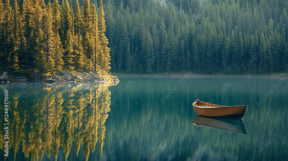 Serene lake boat autumn forest reflection tranquility Serene lake boat autumn forest reflection tranquility