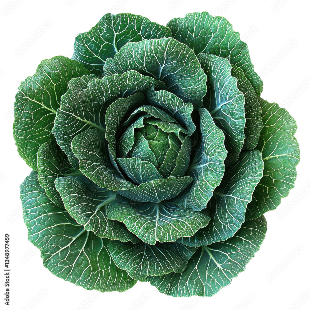 Obraz premium A lush, green cabbage with tightly packed leaves forming a beautiful rosette shape.