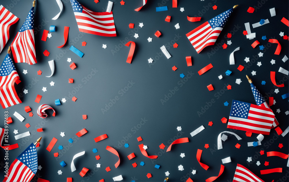 Fototapeta premium Multiple small American flags with red, white, and blue confetti arranged against a dark background, symbolizing a celebration.