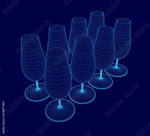 A group of glasses are shown in a blue background. The glasses are all different sizes and shapes, but they all have a similar design. The image gives off a feeling of sophistication and elegance