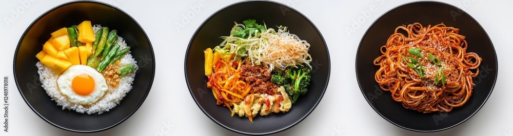 Colorful Asian Dishes in Bowls with Fresh Ingredients and Presentation Colorful Asian Dishes in Bowls with Fresh Ingredients and Presentation