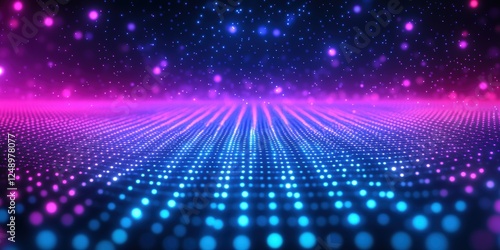 Digital Grid Background with Neon Blue and Purple Lights for Futuristic and Modern Designs in Abstract Art