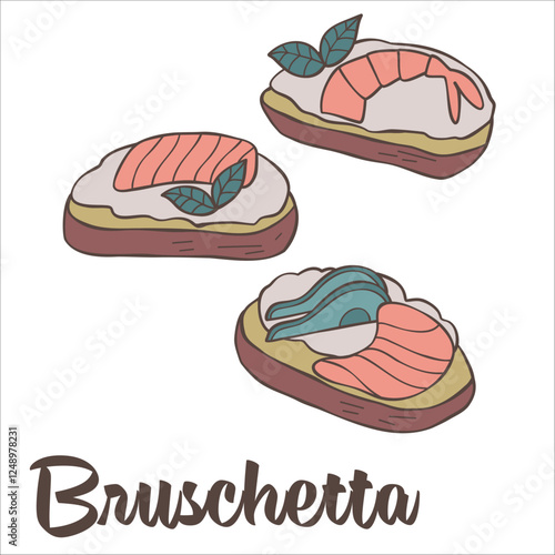 Three bruschetta with cream cheese, avocado, salmon, basil and shrimp. Great for posters, advertisements, banners, flyers and menus