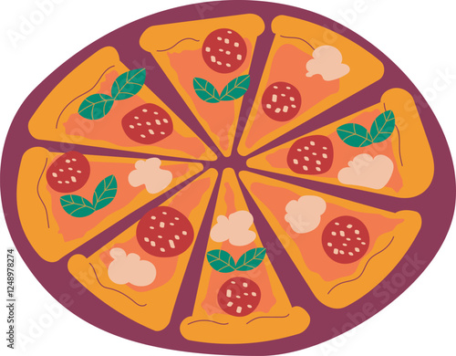 Pizza slices with basil, paperoni, salami, tomato, cheese and mozzarella on transparent background. Italian food. Great for posters, advertisements, banners, flyers and menus.