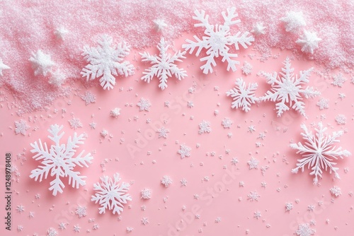 Winter Snowflakes and Stars on Soft Pink Background Minimalist Flat Lay Christmas Decor photo