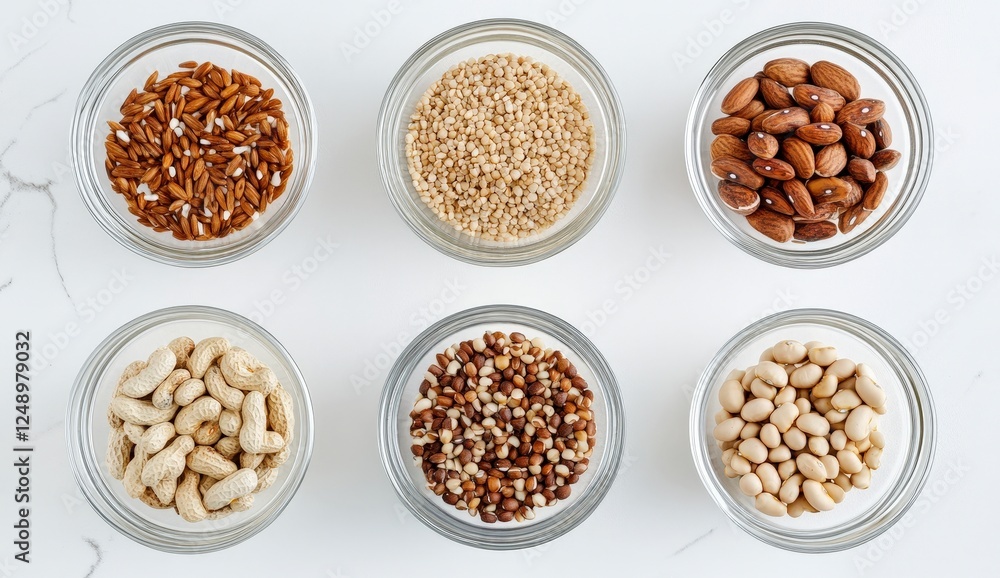 Variety of Healthy Nuts and Seeds in Clear Glass Bowls on White Surface Variety of Healthy Nuts and Seeds in Clear Glass Bowls on White Surface