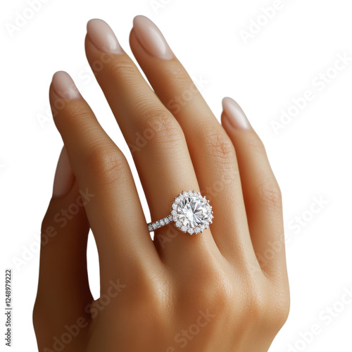 A sparkling diamond engagement ring is elegantly displayed on a slender hand, showcasing its exquisite design and brilliance.