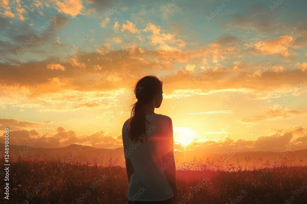 Serene Sunset Reflection Young Woman Gazing at Horizon Contemplating New Beginnings and Future Serene Sunset Reflection Young Woman Gazing at Horizon Contemplating New Beginnings and Future