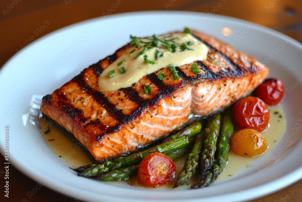 Grilled salmon fillet garnished with sauce and served with asparagus and tomatoes at a restaurant setting Grilled salmon fillet garnished with sauce and served with asparagus and tomatoes at a restaurant setting