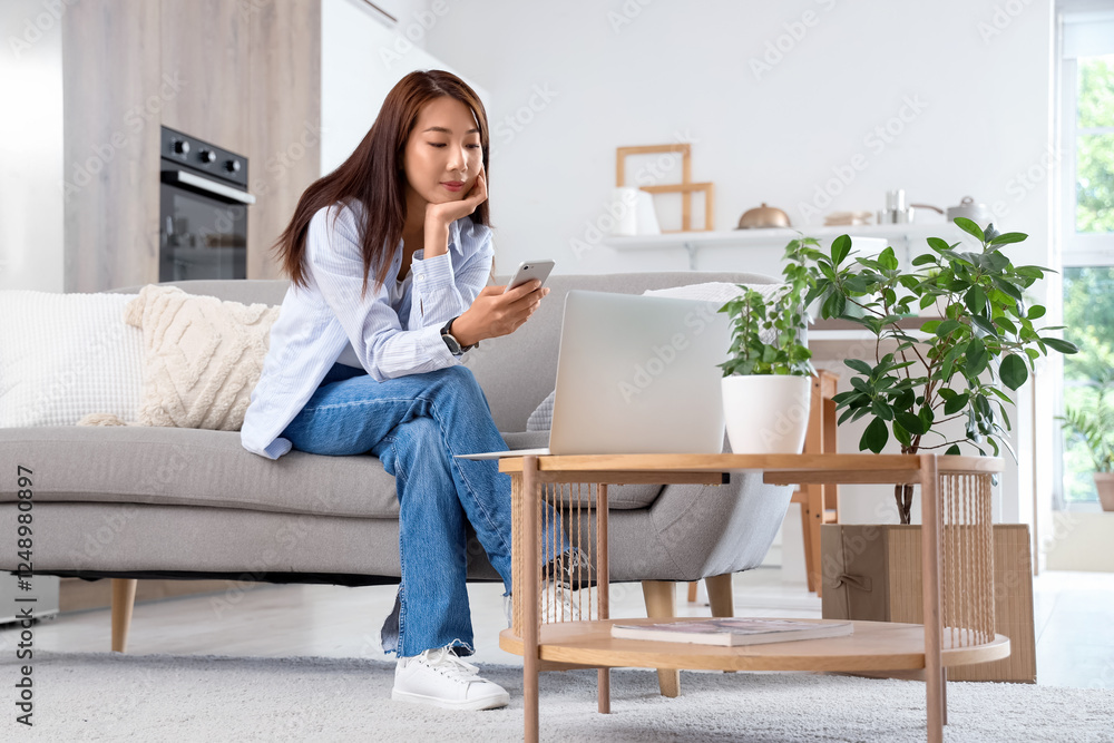 Young Asian businesswoman working with mobile phone on sofa at home Young Asian businesswoman working with mobile phone on sofa at home