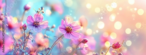 Dreamy Enchanting Background with Pastel Colored Flowers and Soft Bokeh Effects Creating a Splendid Visual Experience