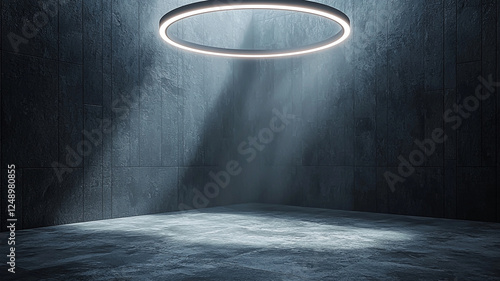 UFO light beam on dark floor scene with smoke and spotlight dramatic atmosphere