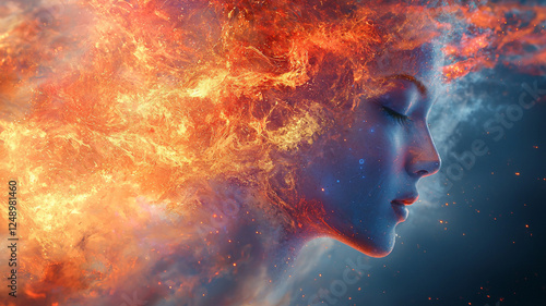 Mystic fire ice female portrait digital art fantasy cosmic universe dream imagination