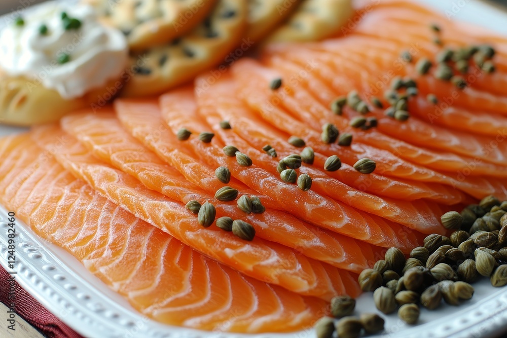 Slices of fresh salmon arranged on a platter with capers and bread for a gourmet meal Slices of fresh salmon arranged on a platter with capers and bread for a gourmet meal
