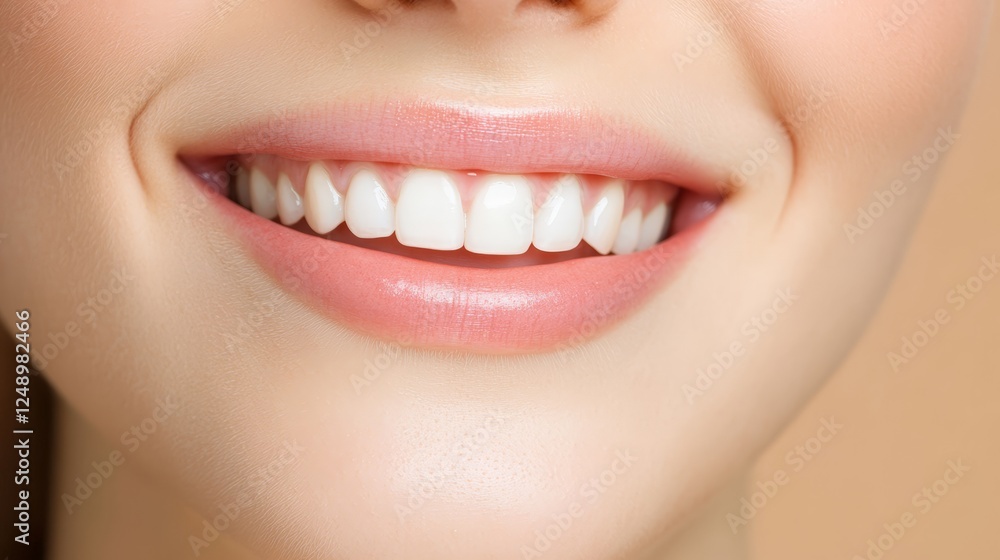 Obraz premium Capturing a perfect smile with dazzling white teeth and beautiful pink lips, highlighting the importance of oral hygiene, cosmetology, and comprehensive dental care