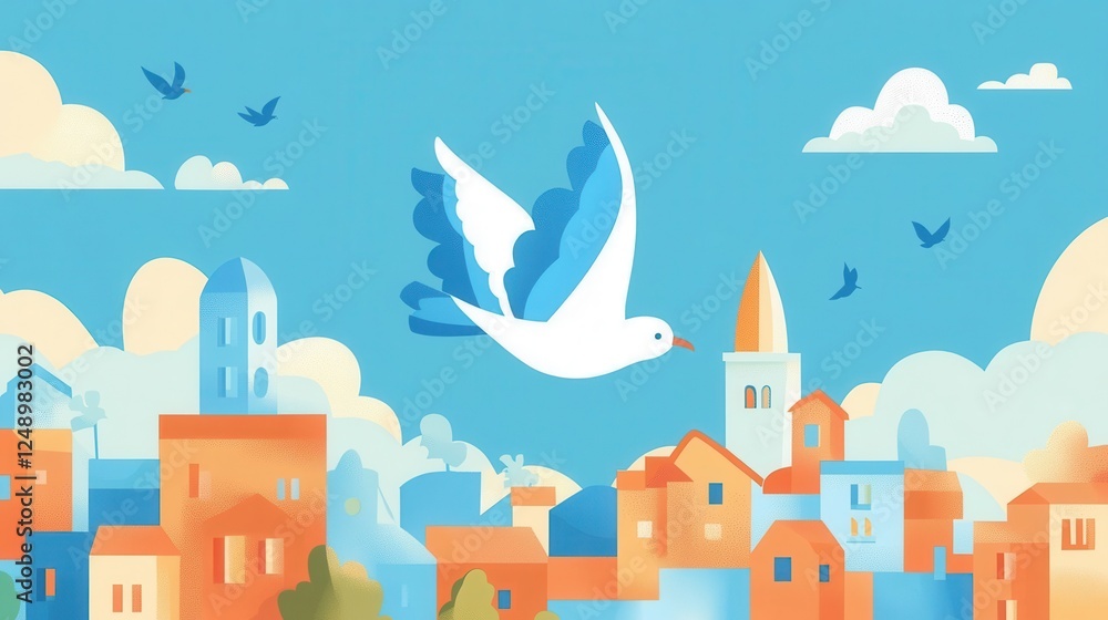 Naklejka premium Colorful Cityscape with Flying Bird Illustration