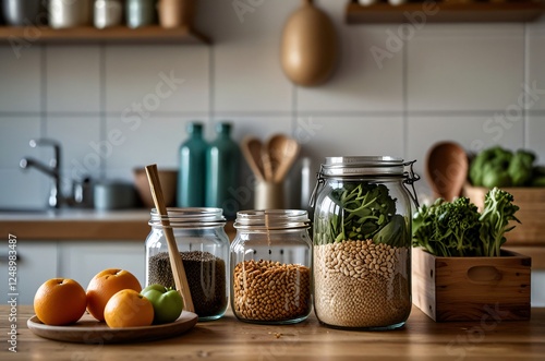 Eco-Friendly Kitchen with Jars of Healthy Ingredients and Fresh Produce Displayed photo