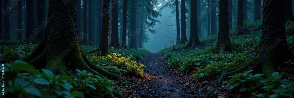 Obraz premium Dark forest floor, stripes glowing in moonlight, foraging scent, western oregon, earthy scent, forest