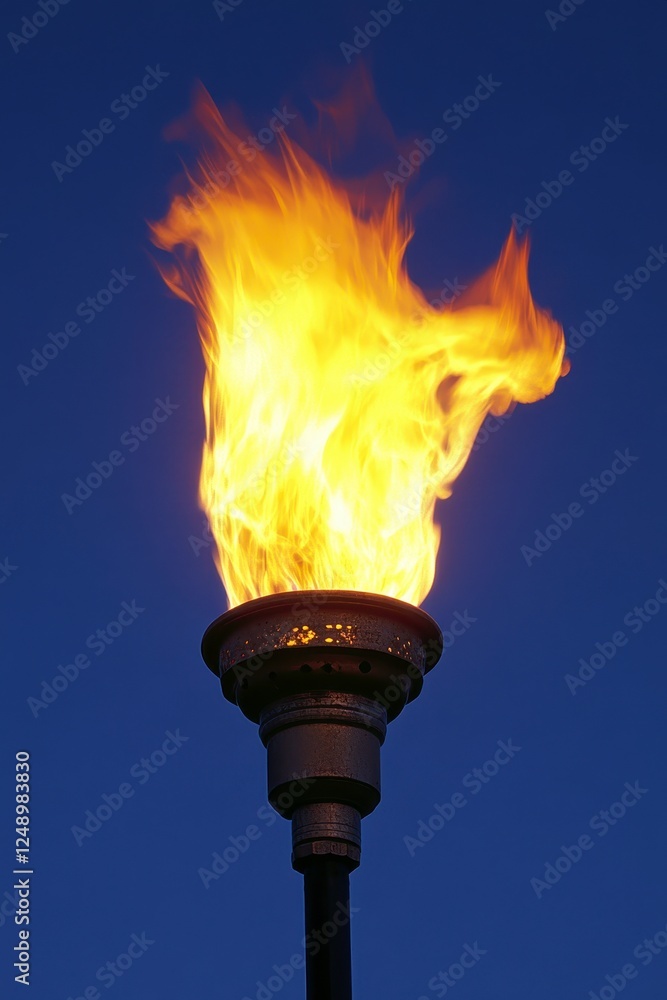 Burning torch against a dark blue sky, vibrant orange flames rising from a metal torch Burning torch against a dark blue sky, vibrant orange flames rising from a metal torch