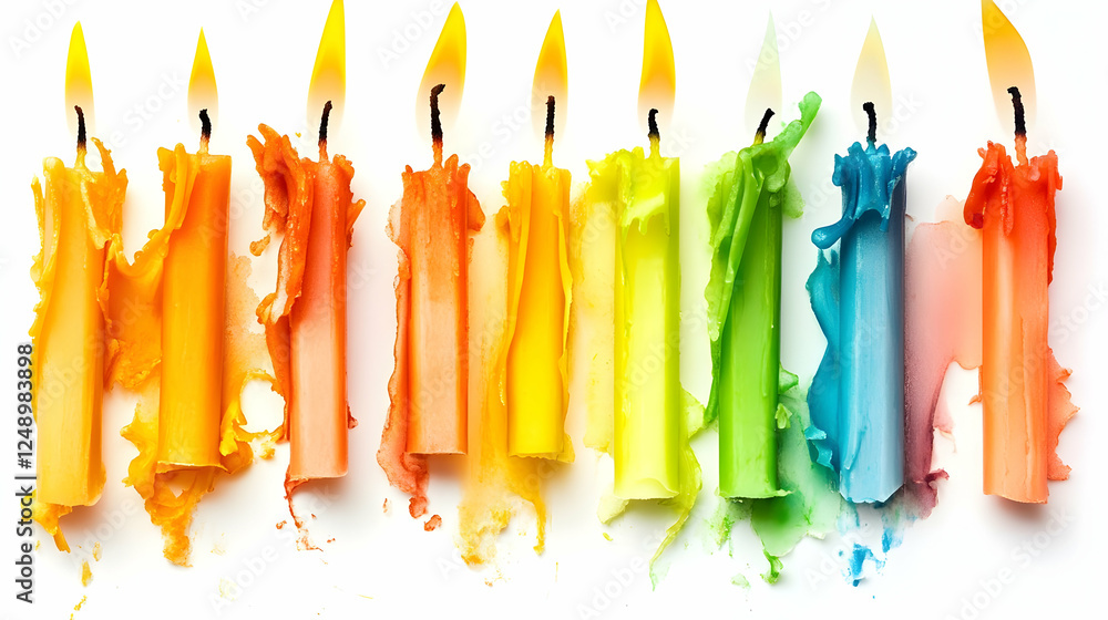 Colorful melted birthday candles on white background.  Possible use for birthday cards, party invitations, or baking blog