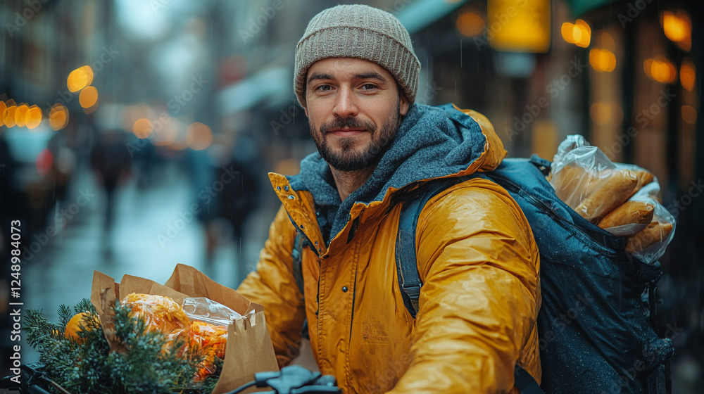 Smiling delivery rider braves rain with fresh baked goods and warm spirit on city streets in autumn Smiling delivery rider braves rain with fresh baked goods and warm spirit on city streets in autumn