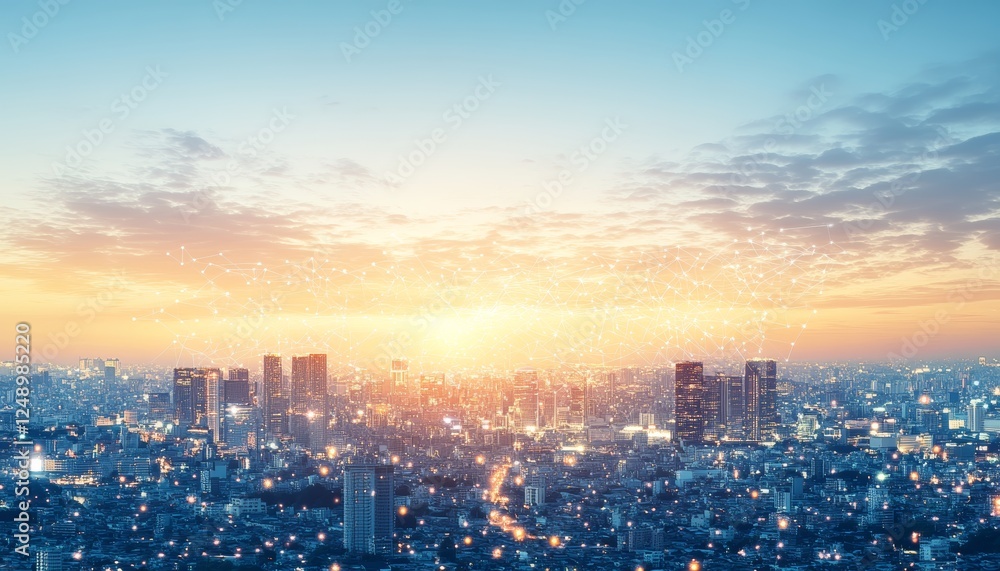 Fototapeta premium Cityscape at Dusk, Illuminated by Network Connections, Innovation and Technology Concept