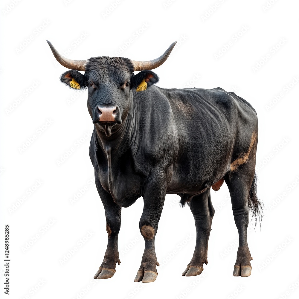 Black Cow with Long Horns Standing Proudly in a Pasture
