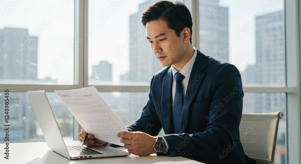 Business Professional Analyzing Documents in Modern Office Setup with Cityscape Background Business Professional Analyzing Documents in Modern Office Setup with Cityscape Background