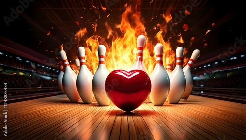 Happy Valentine's Day while Fiery Effects Bowling pins enjoying Bowling pins  with red heart