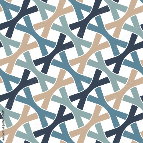 Multicolored crossed diagonal lines on a white background create an ornamental lattice with a modern design. Seamless repeating pattern. Abstract geometric vector illustration.