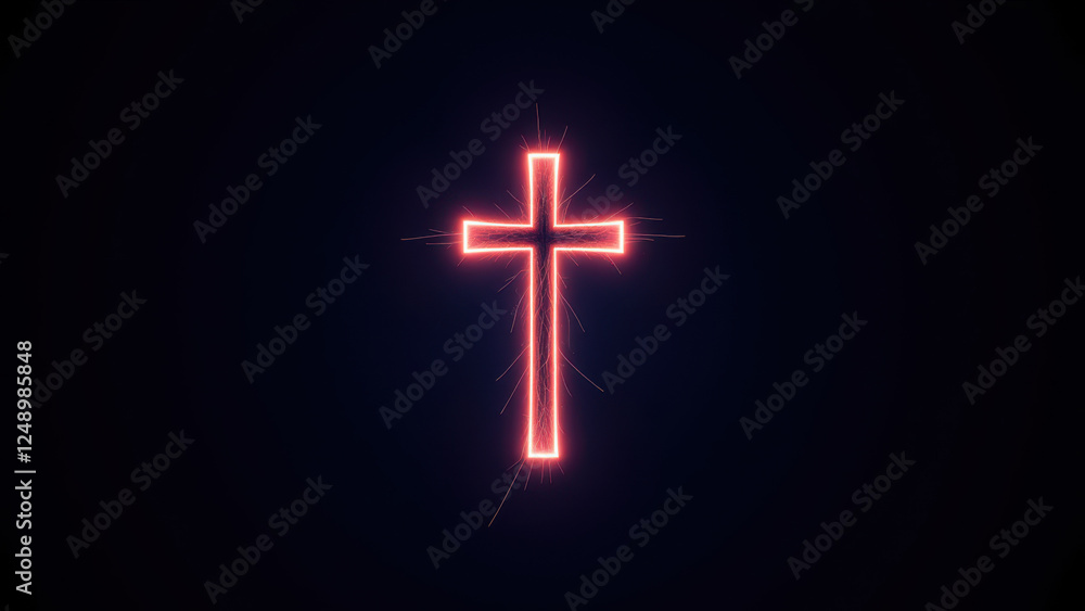 Fototapeta premium A simple cross graphic with a glow effect, set against a dark background, symbolizing Christianity.
