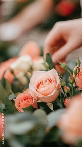 Delicate peach roses in hands on a vibrant greenery background