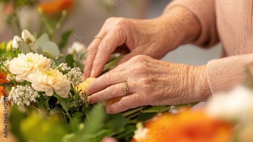 Elderly hands arranging beautiful floral bouquets symbolizing care and creativity