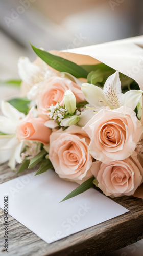 Elegant bouquet of pink roses and white lilies on rustic wooden table with blank card