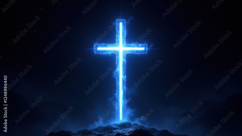 Fototapeta premium Spectacular illuminated cross on a mountain under starlit sky.
