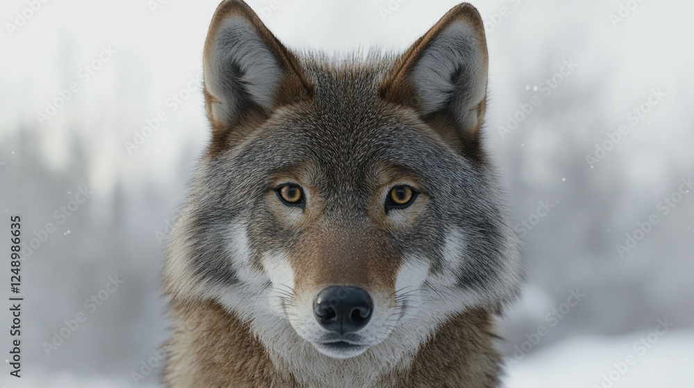 Fototapeta premium Wolf portrait, snowy forest background, winter wildlife