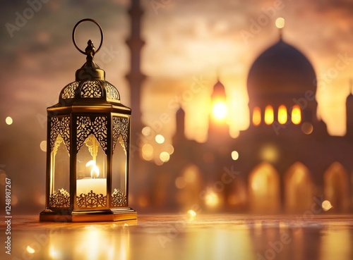 Ramadan lantern glows, mosque sunset photo