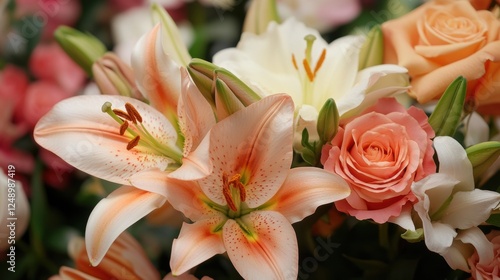 Vibrant lily and rose bouquet in soft pastel tones with lush greenery
