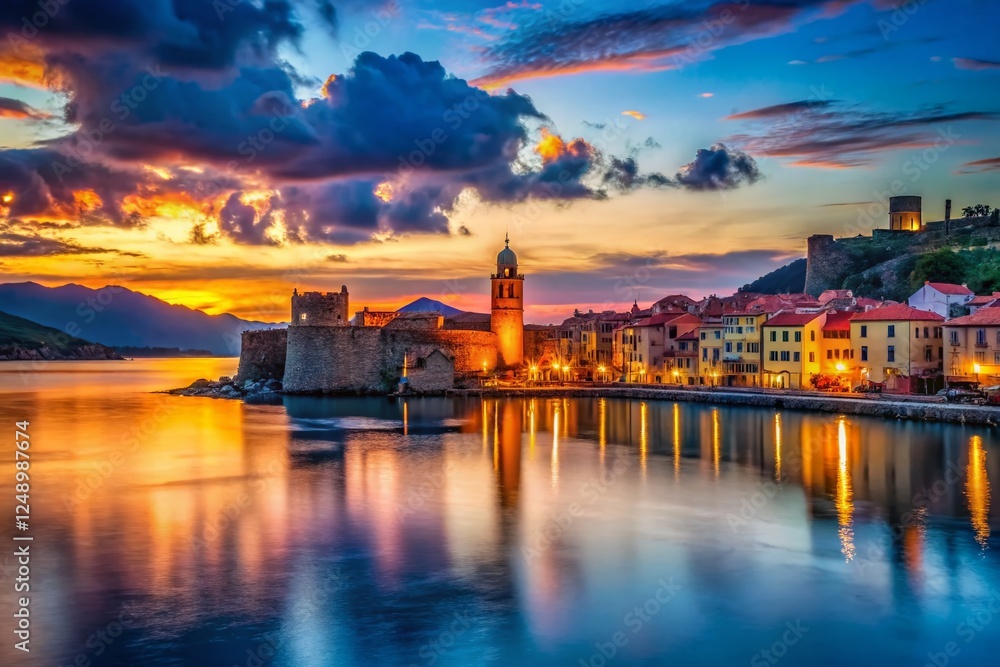 Naklejka premium Collioure Bay Sunset: Dramatic Low Light Landscape Photography