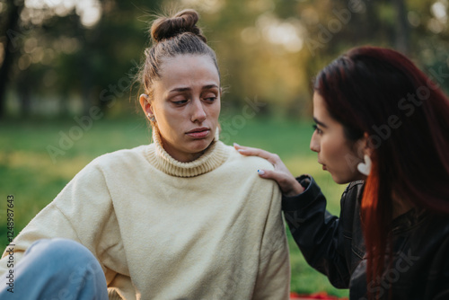 Obraz na plátne A heartfelt moment between two friends outdoors, with one consoling the other during a difficult time, showcasing empathy and friendship