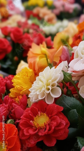 Vibrant multicolored bouquet of fresh blooming flowers in springtime garden
