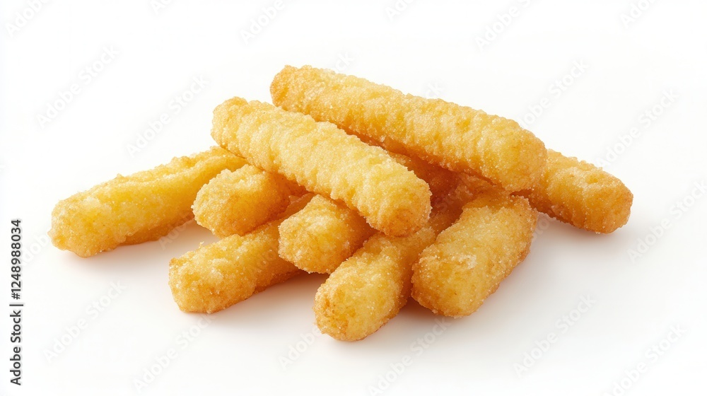 A multitude of golden tater sticks arranged neatly on a clean white surface, showcasing their crispy texture and appealing shape. A multitude of golden tater sticks arranged neatly on a clean white surface, showcasing their crispy texture and appealing shape.